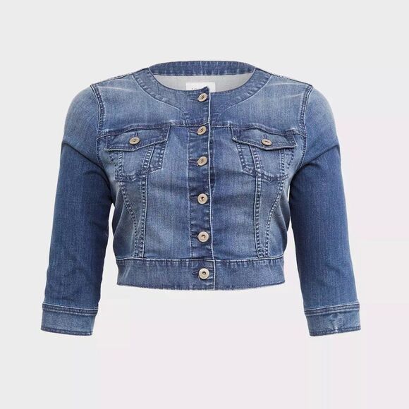 Torrid Med Light Wash Stretch Cropped 3/4 Sleeve Collarless Jean Jacket Size 3X - Picture 1 of 12